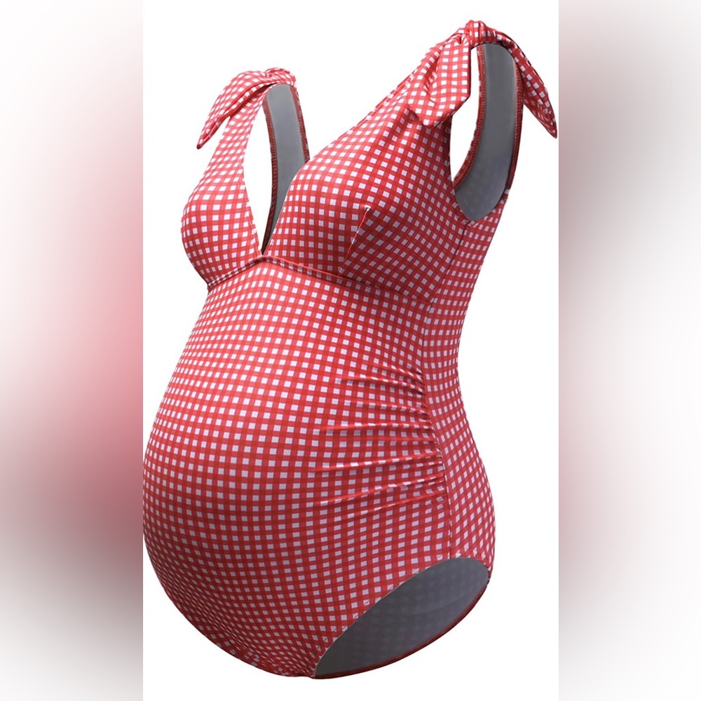 Red and white gingham pattern maternity one piece swimsuit - NWOT
